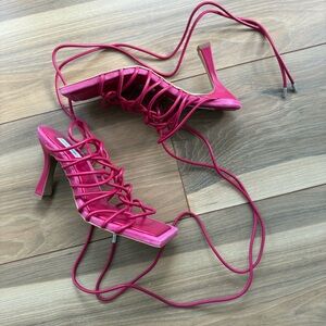 Pink Lace-Up Square Toe Heels | Made in Spain | EU 38